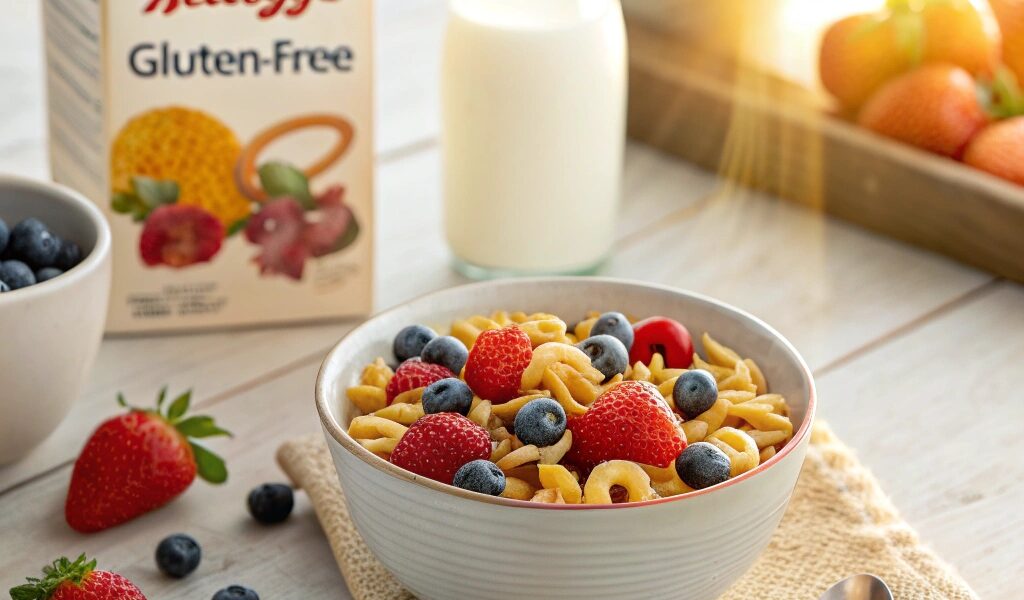 A bowl of Gluten-Free Kellogg’s cereal with fresh fruit and almond milk on a breakfast table, highlighting its nutritious and tasty qualities.