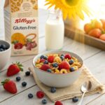 A bowl of Gluten-Free Kellogg’s cereal with fresh fruit and almond milk on a breakfast table, highlighting its nutritious and tasty qualities.