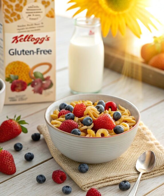 A bowl of Gluten-Free Kellogg’s cereal with fresh fruit and almond milk on a breakfast table, highlighting its nutritious and tasty qualities.