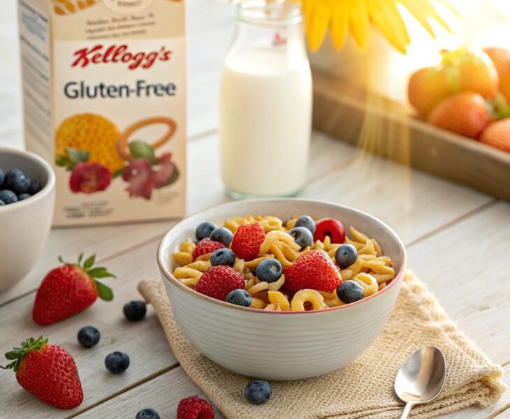 A bowl of Gluten-Free Kellogg’s cereal with fresh fruit and almond milk on a breakfast table, highlighting its nutritious and tasty qualities.