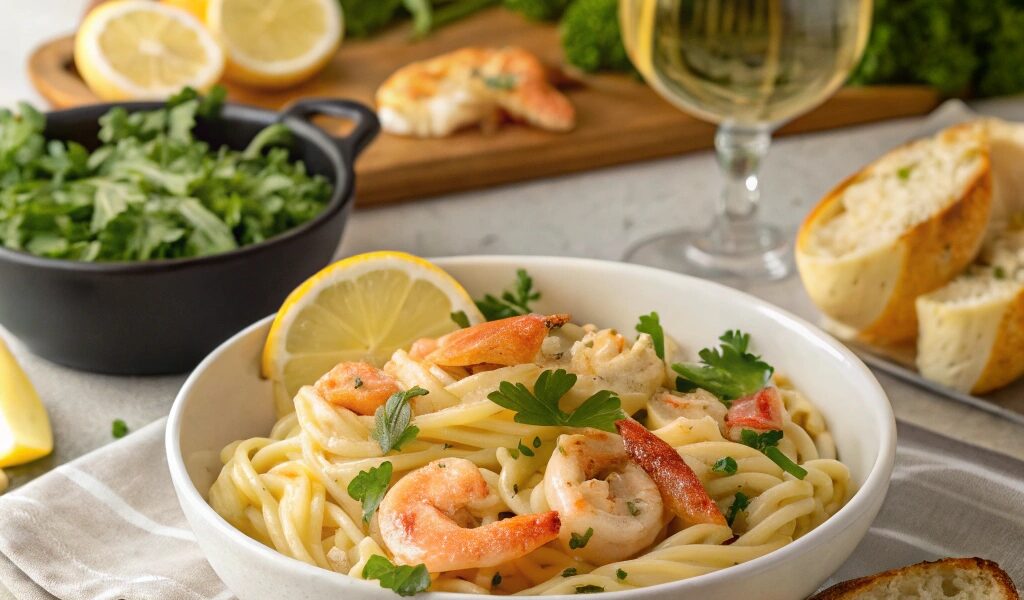 A gourmet shrimp pasta dish paired with garlic bread and a glass of white wine, showcasing ideal shrimp pasta pairings.