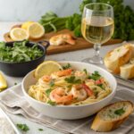 A gourmet shrimp pasta dish paired with garlic bread and a glass of white wine, showcasing ideal shrimp pasta pairings.