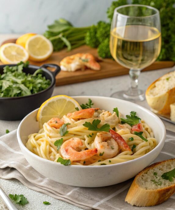 A gourmet shrimp pasta dish paired with garlic bread and a glass of white wine, showcasing ideal shrimp pasta pairings.