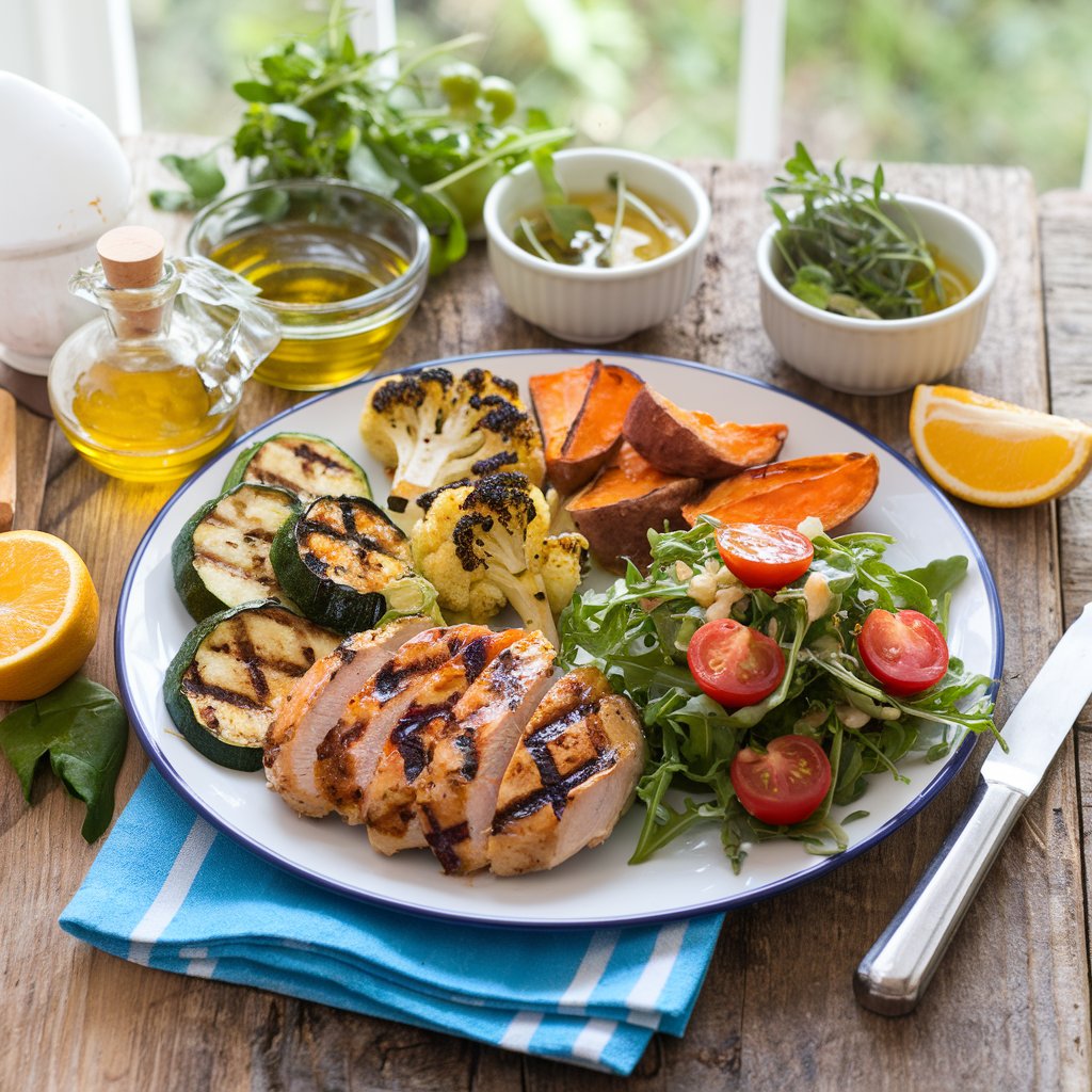 Grilled chicken with creative vegetable pairings like charred cauliflower, roasted sweet potatoes, and fresh arugula salad.