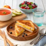 "A golden grilled cheese sandwich served with tomato soup, fresh salad, and a glass of sparkling water, styled for a healthy and inviting meal."