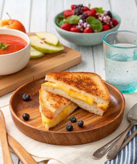 "A golden grilled cheese sandwich served with tomato soup, fresh salad, and a glass of sparkling water, styled for a healthy and inviting meal."