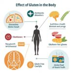 Infographic showing the Effect of Gluten on the Body, including gut health, autoimmune disorders, and benefits of a gluten-free lifestyle.