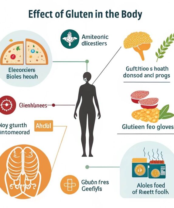 Infographic showing the Effect of Gluten on the Body, including gut health, autoimmune disorders, and benefits of a gluten-free lifestyle.