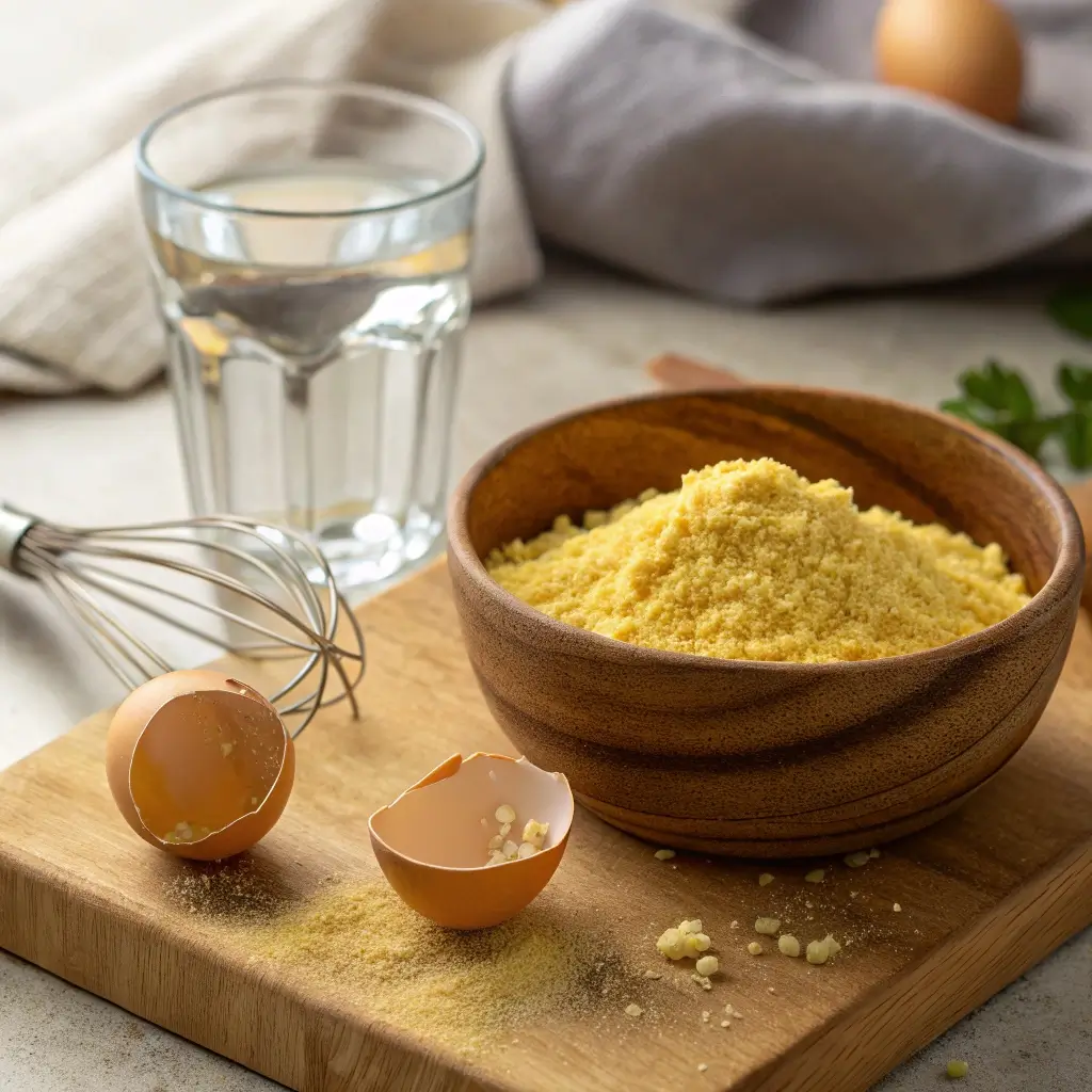 Powdered eggs in a bowl with water and a whisk on a kitchen counter, showcasing how to rehydrate and use them in cooking.