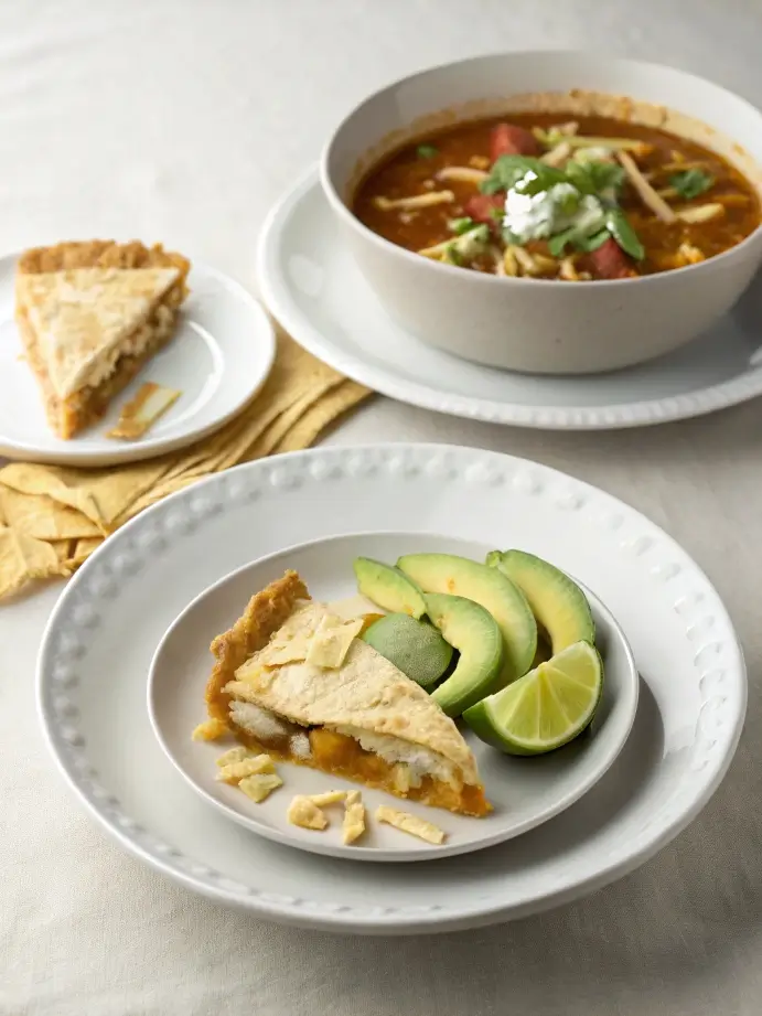 A side-by-side image of tortilla soup with crispy toppings and chicken pot pie with a golden crust, showcasing the differences between the two.