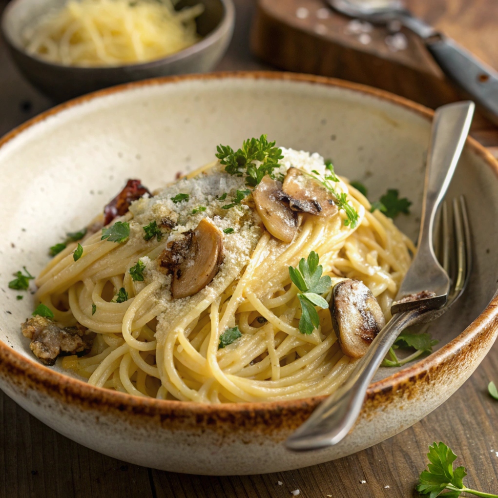 A Steaming Plate Of Vegetarian Carbonara Served I