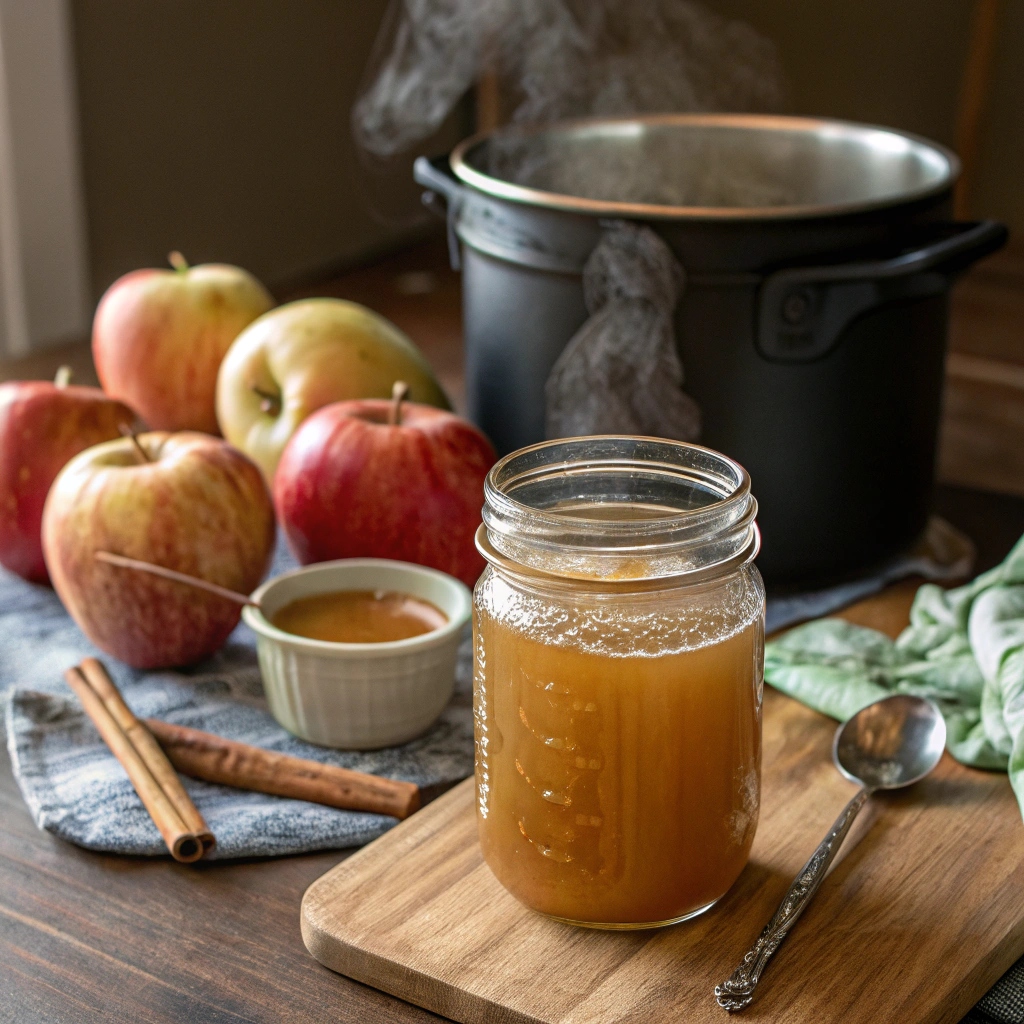 Homemade apple juice concentrate in a glass jar, surrounded by fresh apples and a saucepan, showcasing the process of making apple concentrate.