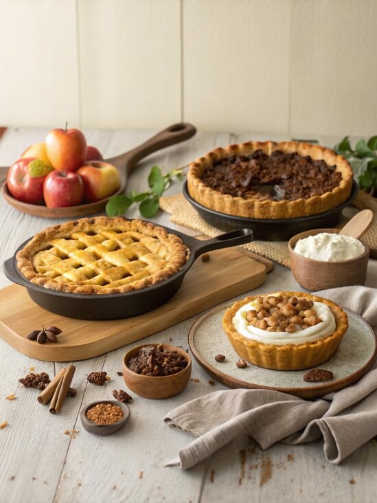 A collection of sweet and savory pies, including chicken pot pie, apple pie, chocolate pie, and pecan pie, displayed on a rustic wooden table.