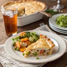 A plated chicken pot pie slice served with roasted vegetables, a fresh garden salad, and iced tea, showcasing perfect side pairings.