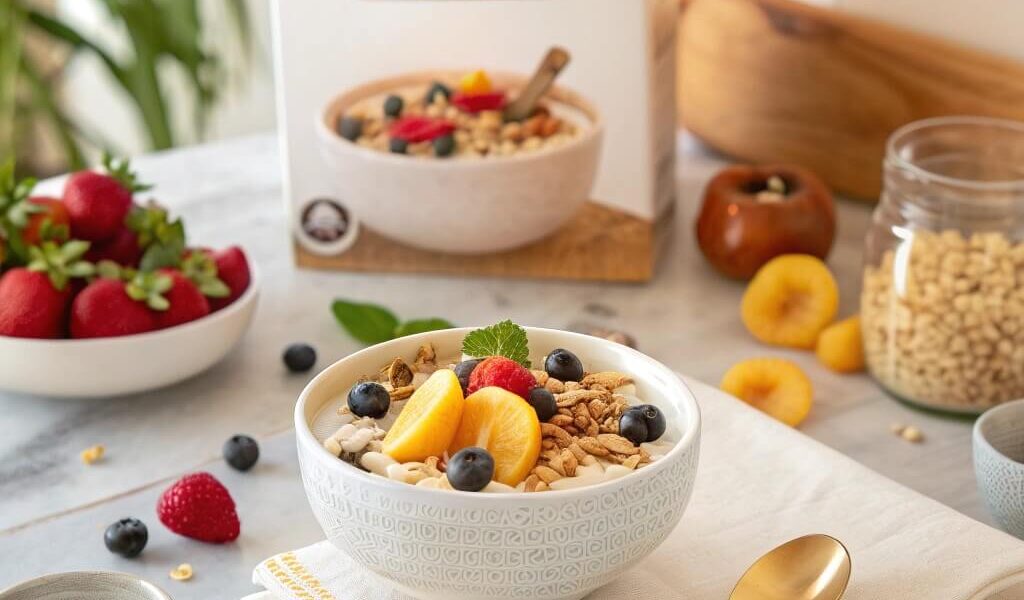 "A bowl of gluten-free rice cereal topped with fresh fruits and nuts, with a box of gluten-free rice cereal on a breakfast table."