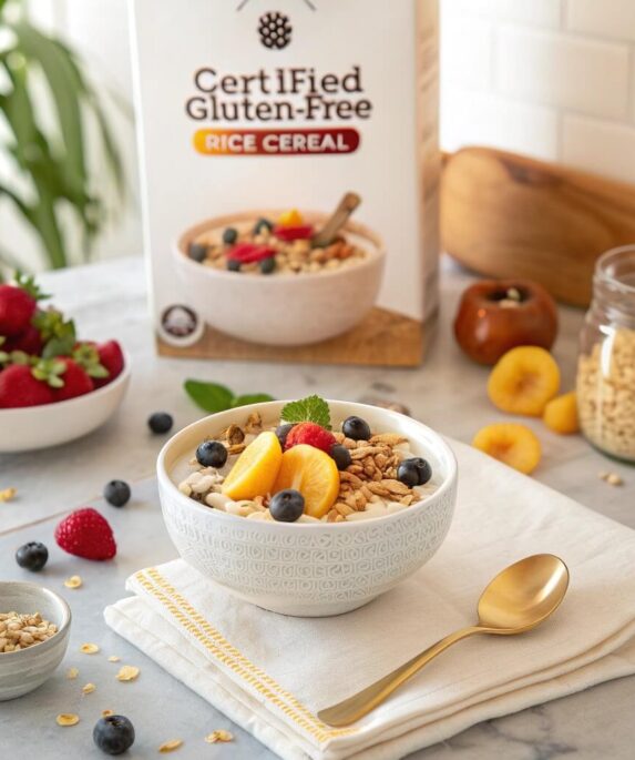 "A bowl of gluten-free rice cereal topped with fresh fruits and nuts, with a box of gluten-free rice cereal on a breakfast table."