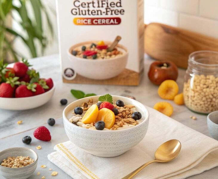 "A bowl of gluten-free rice cereal topped with fresh fruits and nuts, with a box of gluten-free rice cereal on a breakfast table."