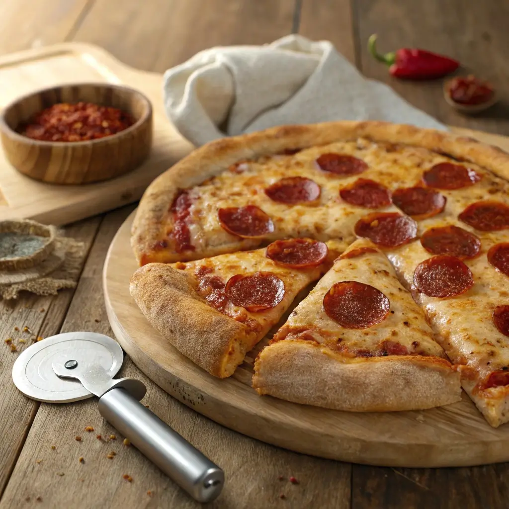 A freshly baked pepperoni pizza with a golden crust, bubbling cheese, and crispy pepperoni slices, served on a wooden board with a pizza cutter.