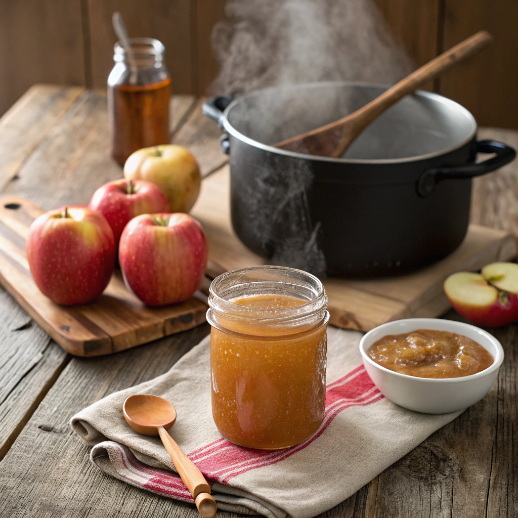 Homemade apple concentrate in a jar surrounded by fresh apples, a saucepan, and a wooden spoon, showing the process of making apple concentrates.