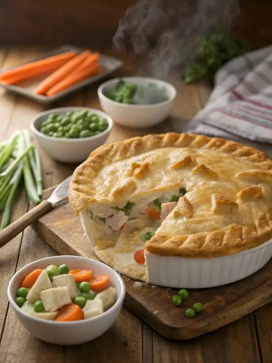 A freshly baked chicken pot pie with a golden crust, sliced open to show its creamy filling of chicken, peas, and carrots, surrounded by fresh ingredients.