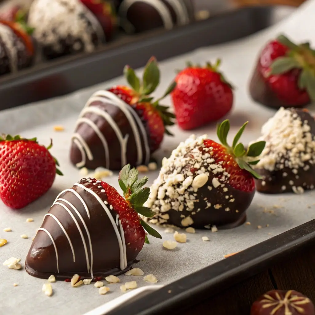 Fresh strawberries dipped in smooth, melted chocolate with decorative toppings like white chocolate drizzle, nuts, and coconut flakes.