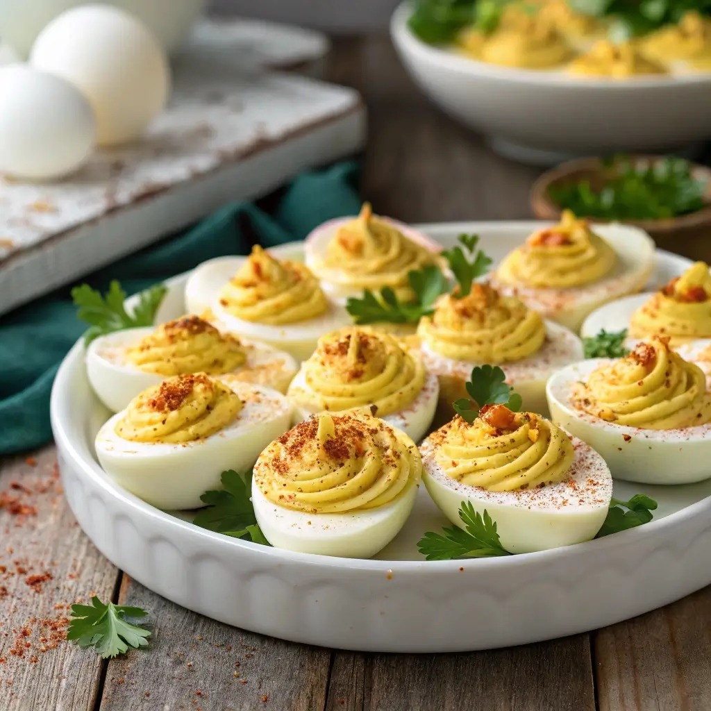 Perfect deviled eggs recipe featuring creamy yolk filling, paprika garnish, and different topping variations on a serving platter.