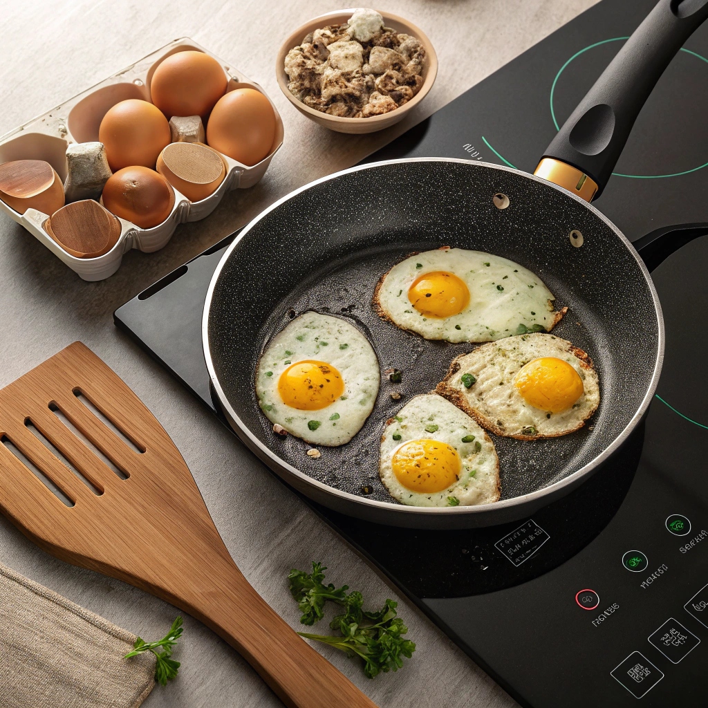 Egg cooking techniques displayed with scrambled eggs, poached eggs, an omelet, and a soft-boiled egg, showing a variety of cooking styles.