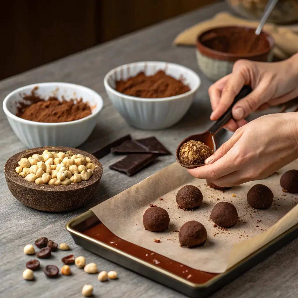 Homemade chocolate truffles coated in cocoa powder, nuts, and coconut, arranged on a wooden board with melted chocolate nearby.