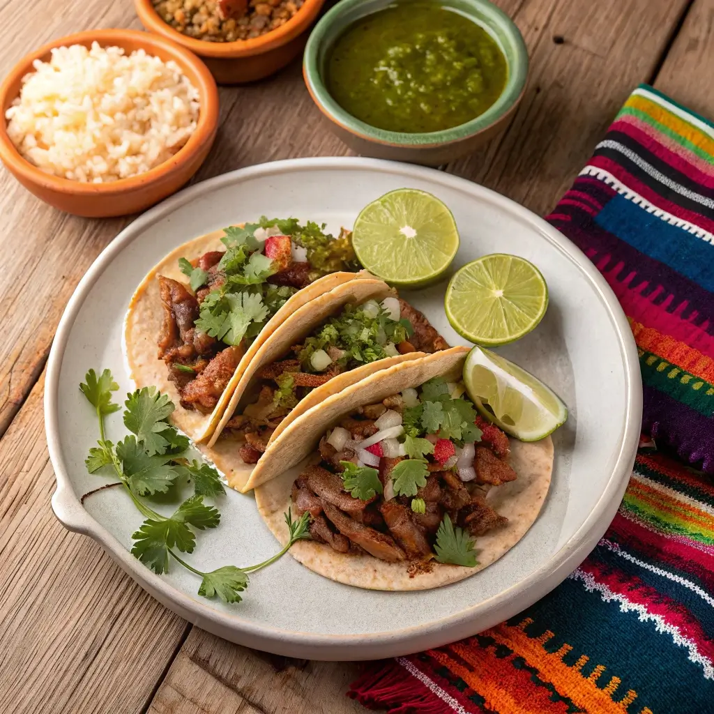 Authentic Mexican Dish with Tacos al Pastor, Rice, and Beans