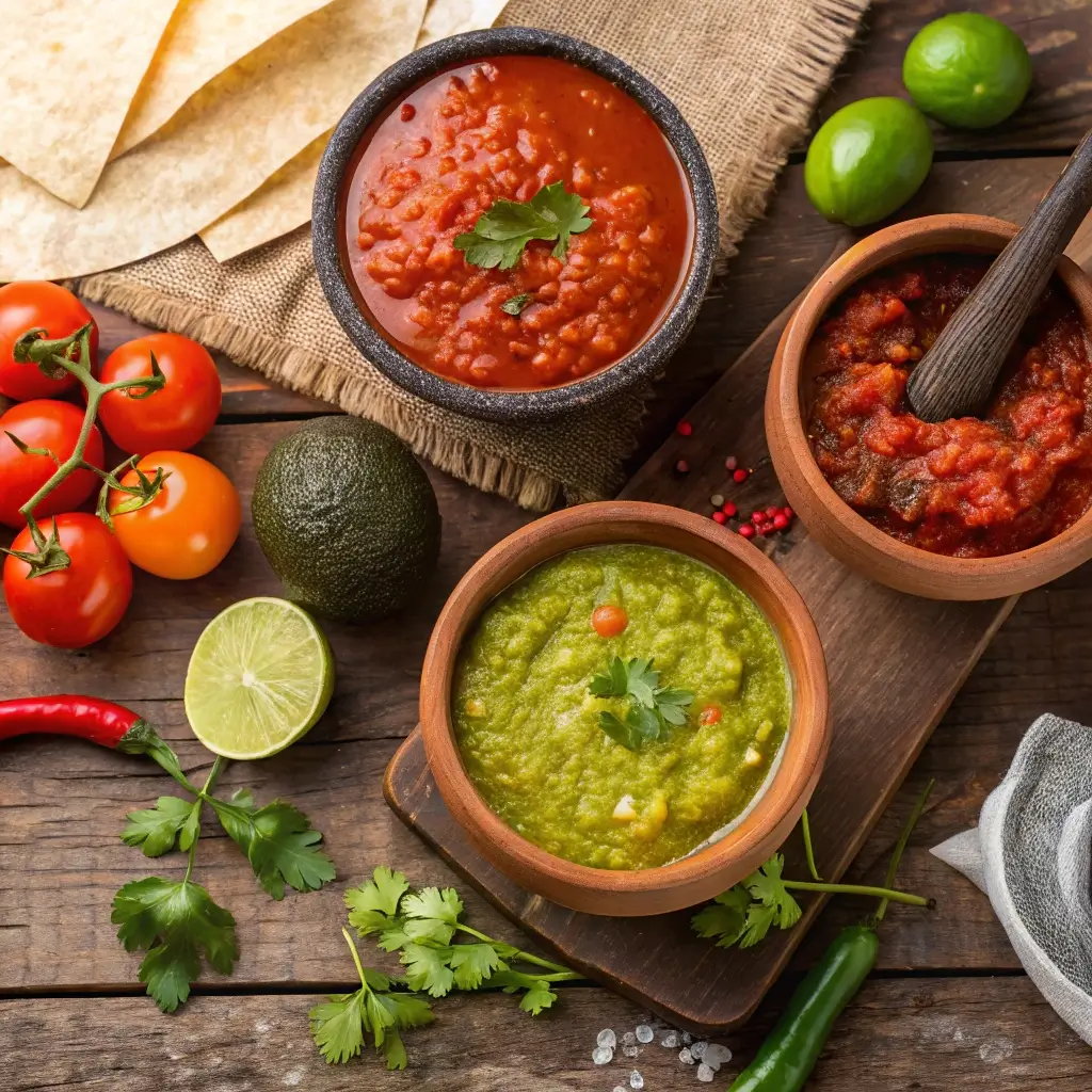 Homemade Mexican salsas in traditional bowls, featuring salsa roja, salsa verde, and pico de gallo, with fresh ingredients surrounding them.