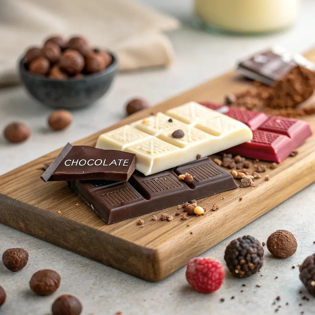 Chocolate Guide: Assorted types of chocolate including dark, milk, white, and ruby chocolate on a wooden board with rich textures