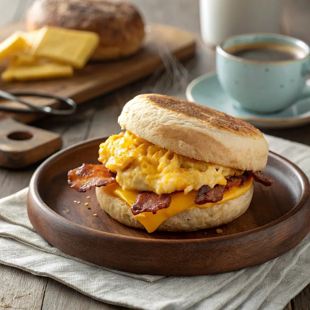 Best Breakfast Sandwiches with bacon, eggs, and melted cheese on a toasted English muffin.