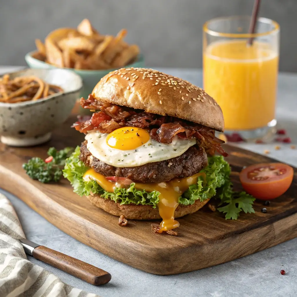 A juicy hangover burger stacked with crispy bacon, a fried egg, melted cheese, and a toasted brioche bun, served with fries.