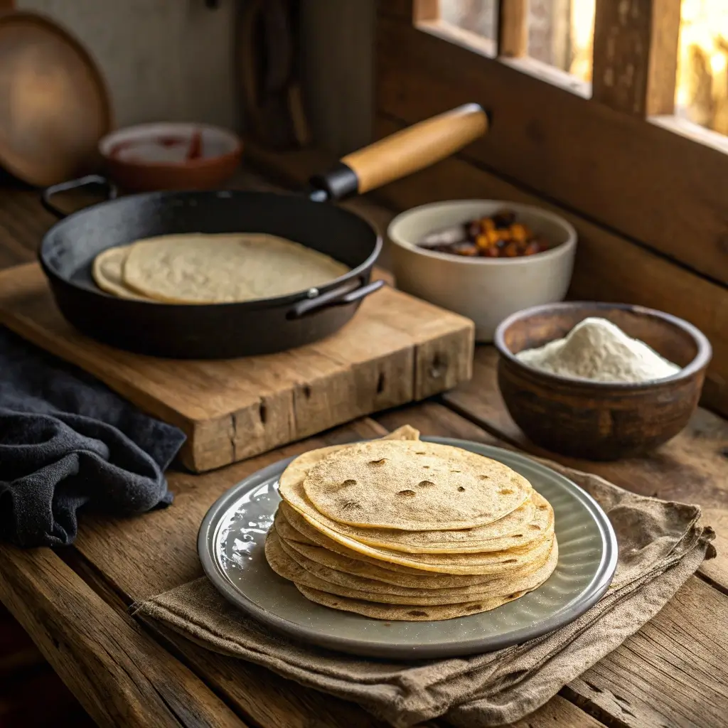 How to make corn tortillas from scratch – freshly made tortillas stacked on a plate, with one cooking on a cast-iron skillet.