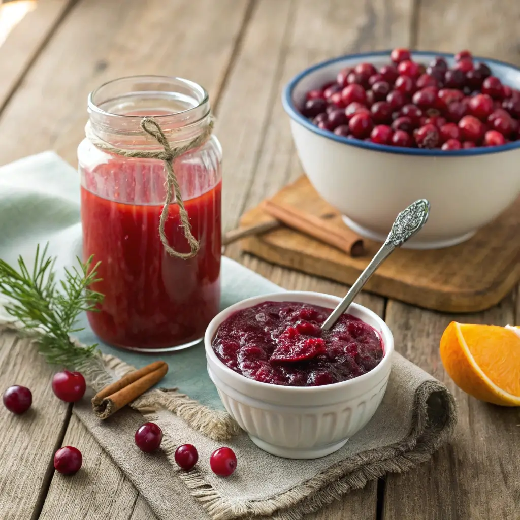 Cranberries health benefits and recipes—fresh cranberries, homemade cranberry sauce, and juice on a rustic wooden table.