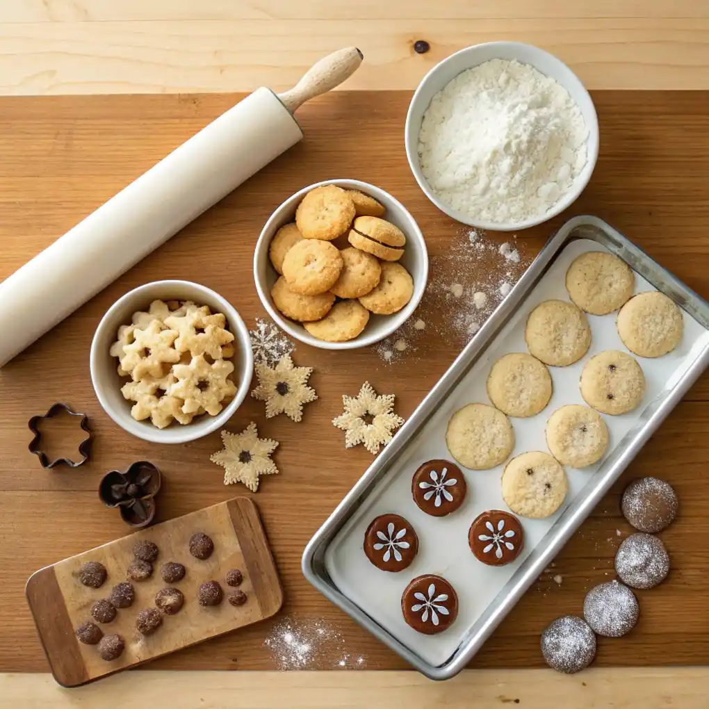 ix types of basic cookies displayed on a wooden counter, including drop, bar, rolled, molded, pressed, and refrigerator cookies.