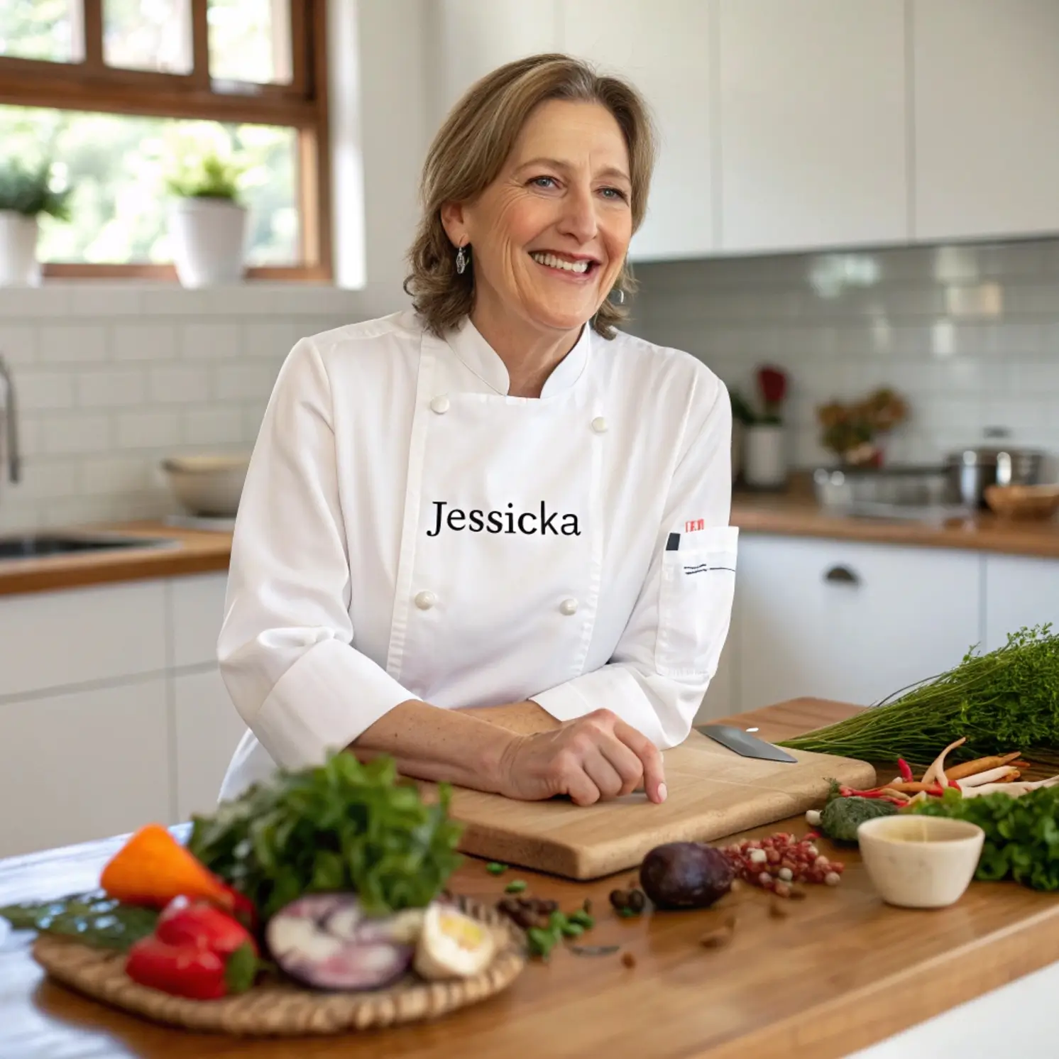 Passionate chef in my forties smiling in a kitchen, surrounded by fresh ingredients, showcasing creativity and confidence in cooking.