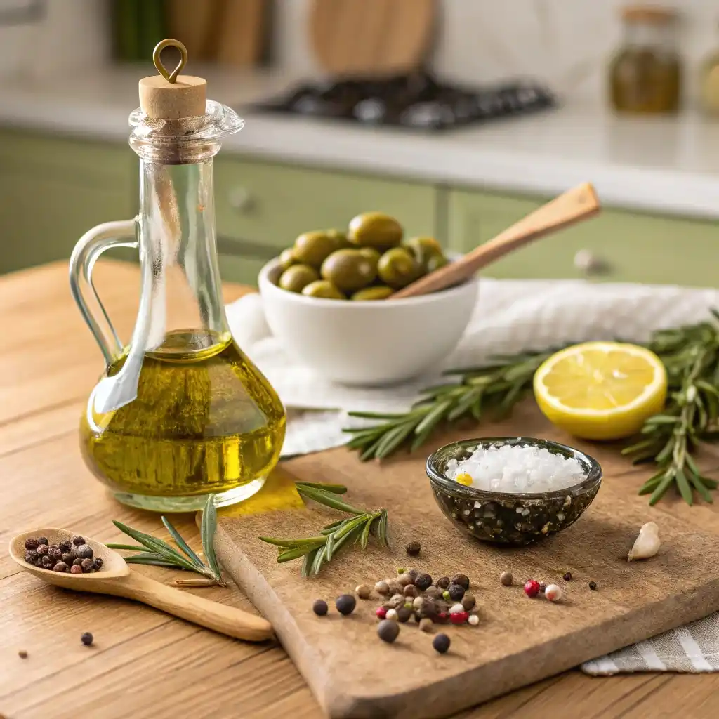  A Well Lit Flat Lay Photograph Of Fresh Olive Oil