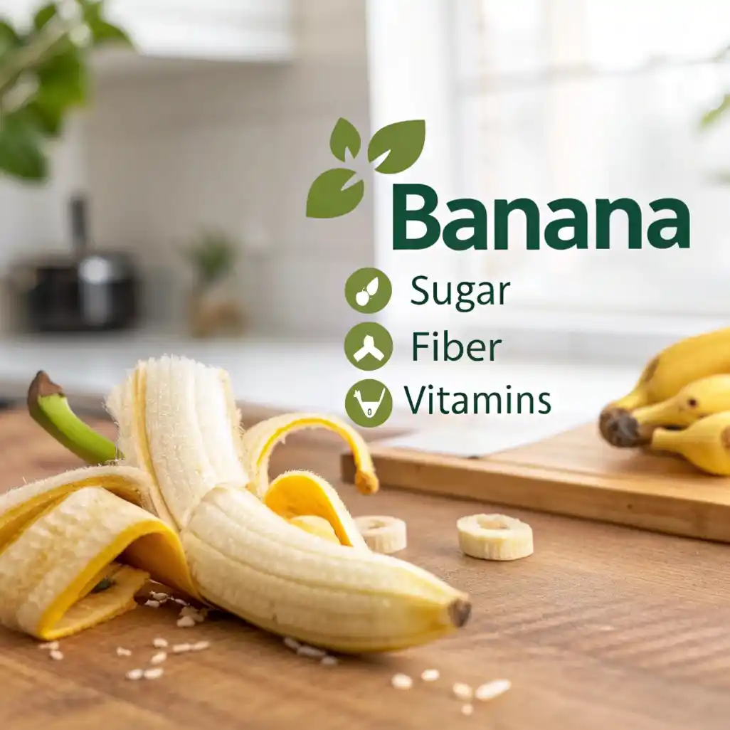 A ripe banana on a wooden counter with an infographic showing its sugar content and nutritional value.