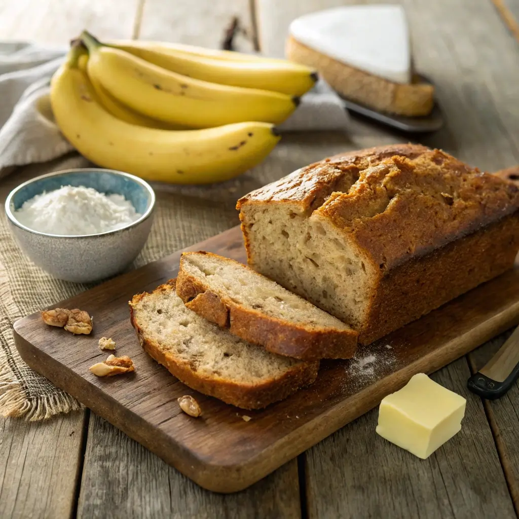 Freshly baked banana bread with sliced bananas and butter on a wooden table, showcasing the versatility of bananas in cooking.