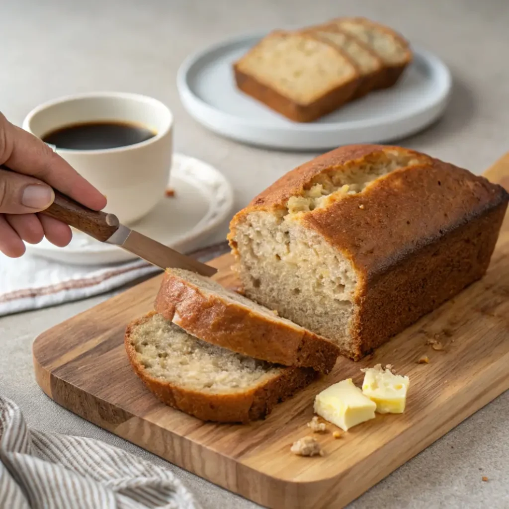 Focus On A Freshly Baked Banana Bread Is Being Sli