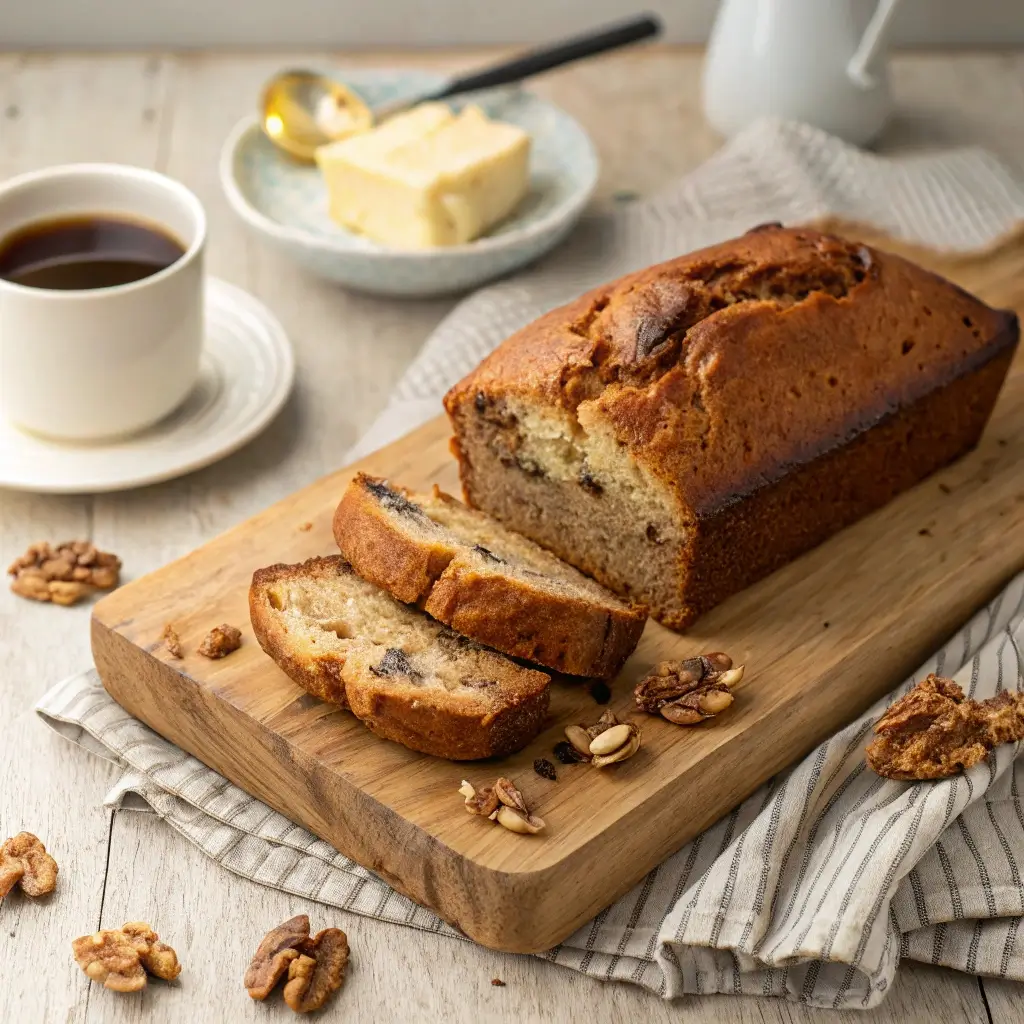 A freshly baked banana bread recipe with a golden crust, sliced to reveal a moist, fluffy texture with chocolate swirls and walnuts.